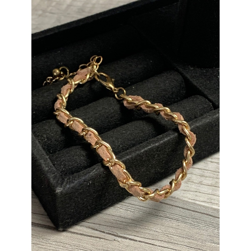 Gold Tone Pink Suede Woven Chain Link Adjustable Bracelet 5250